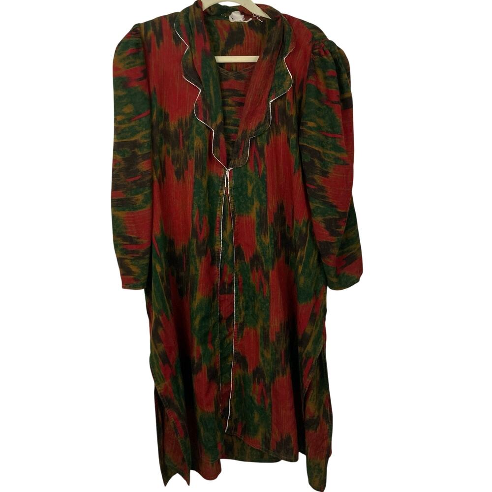 Vintage Womens M Red & Green Ikat Print Kaftan Tunic Midi Dress Folk Art Boho